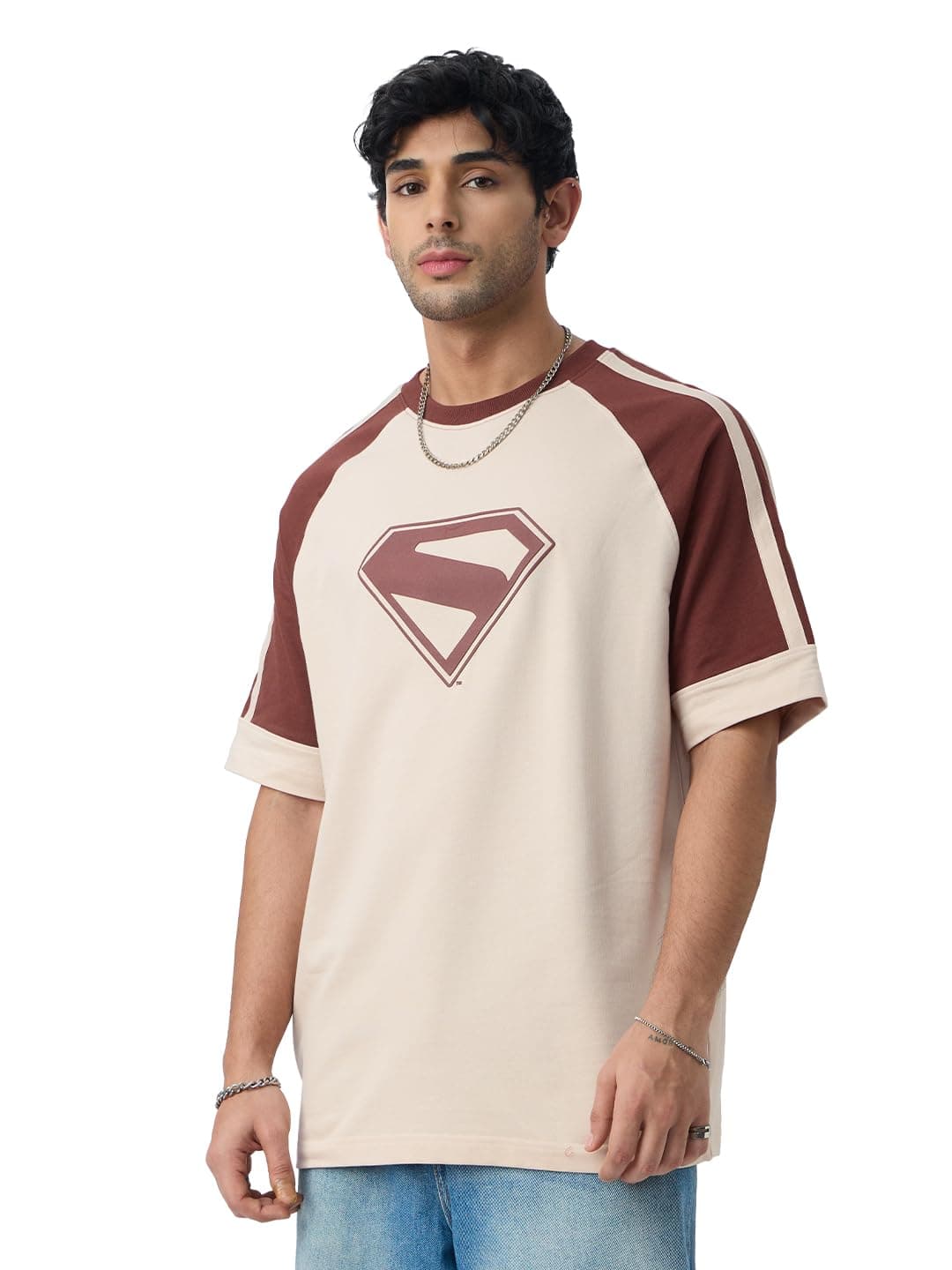 The Souled Store Superman: Look Up Men and Boys Short Sleeves Round Neck Brown Graphic Printed Cotton Breathable Comfortable Casual Streetwear Oversized T-Shirt