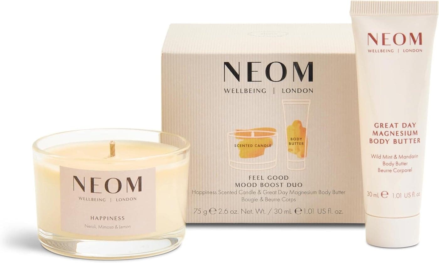 Neom Feel Good Mood Boost Duo Gift Set I Contains Happiness Travel Candle 75g Great Day Magnesium Body Butter 30ml I 100 Natural Scent I Sprinkle Happy Vibes