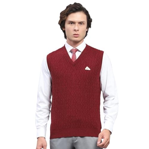 Monte Carlo Mens Maroon Self Design V Neck Sleeveless Sweater (1243134SL-493-46)