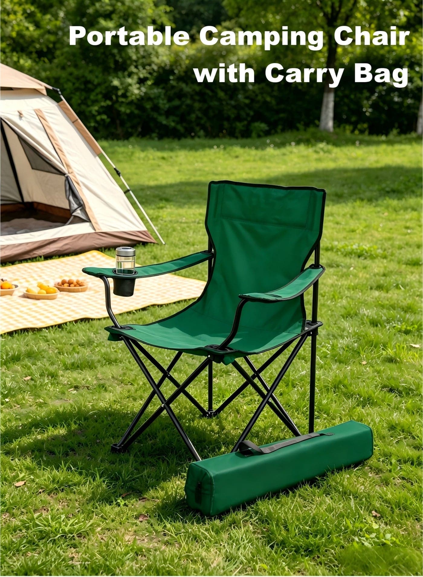 Portable Folding Camping Chair with Carry Bag, Lightweight Outdoor Picnic Beach Chair, Sturdy Foldable Camp Seat for Travel, Hiking & Fishing, Heavy-Duty Portable Camping Chair, Lightweight Foldable Outdoor Seat with Cup Holder & Carry Bag for Beach, Picnic, Fishing & Travel
