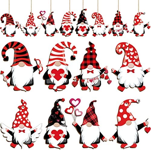 Blulu 40 Pcs Valentine Day Gnome Ornament Wooden Hanging Valentine Decoration Red, Whimsical, Love Theme Includes 40 Ropes for Valentines Day Birthday Love Tree Wedding