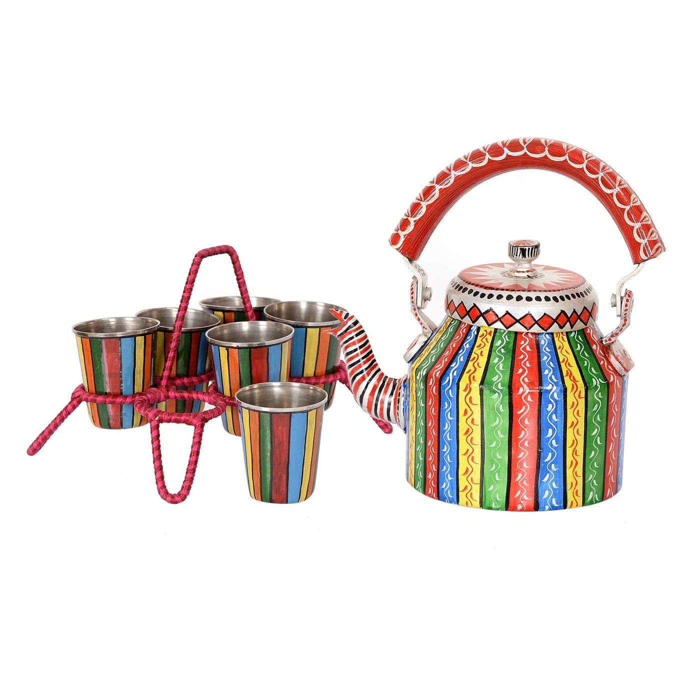 Unique Indian Crafts Multicolor Handpainted Aluminium Kitchen Dinning Tableware Dinnerware Breakfast Serving Tea Coffee Kettle Set with 6 Stainless Steel Tea Cups Glass and Stand