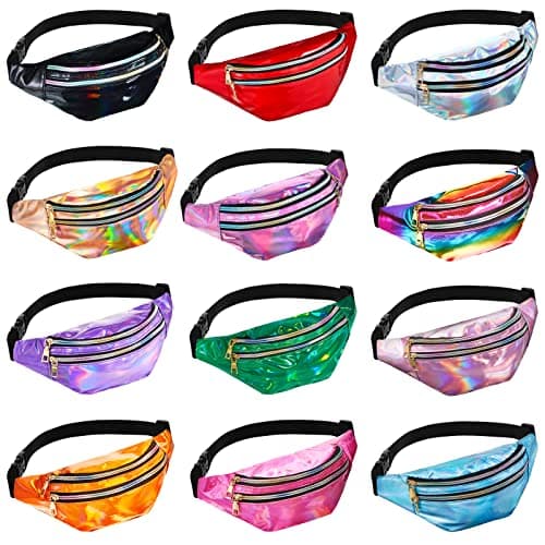 Frienda 12 Pieces Holographic Fanny Packs for Women Kids, 12 Metallic Color Sport Waistbags with 3 Pouches 80s Rave Shiny Waist Pack with Adjustable Belts for Outdoor Activities Cycling Running