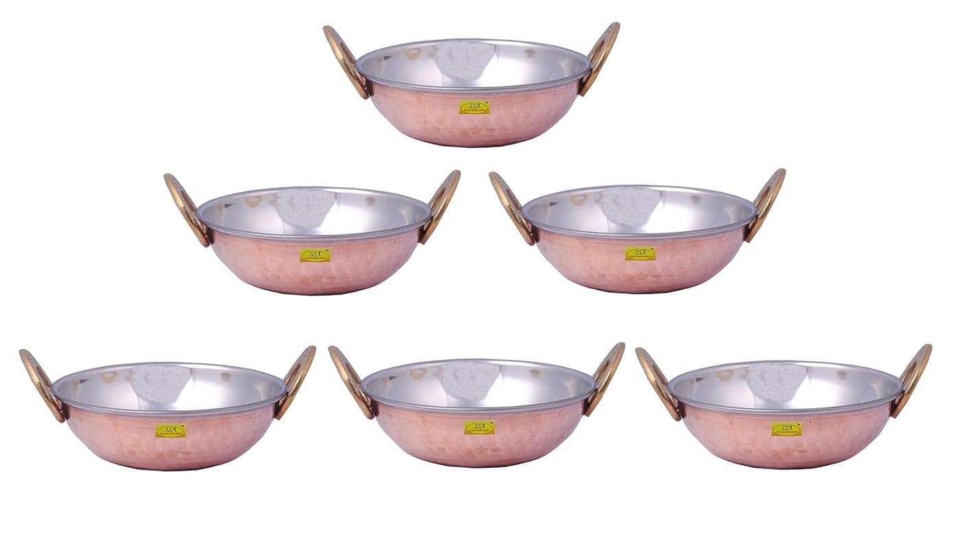 SHIV SHAKTI ARTS Handmade Pure Set of 6 Steel Copper KadaiBowlHandi No 1 Volume300 ml Homeware Dinnerware Hotelware for Serving Dal Sabji and Curry Purpose