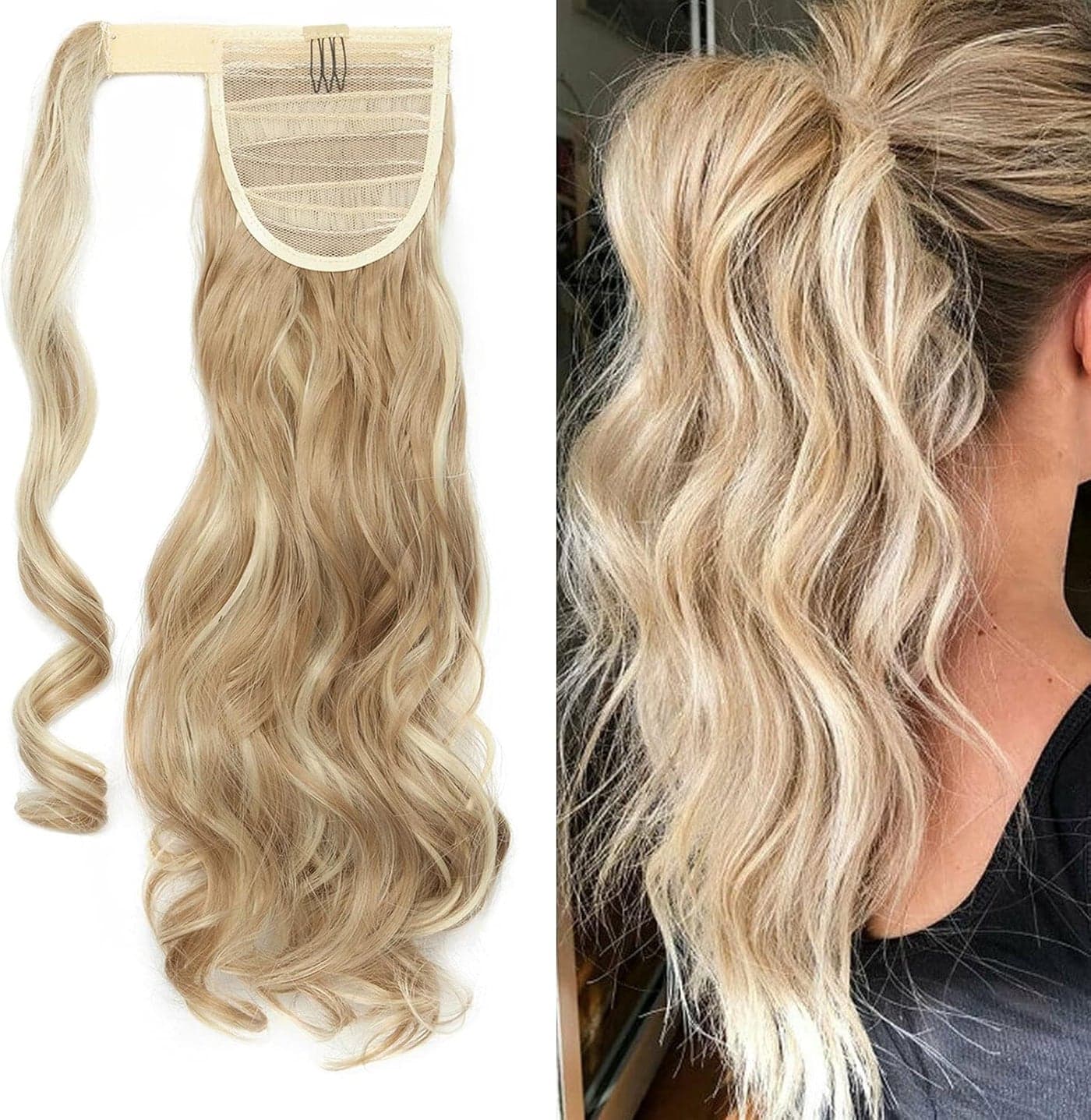 Snoilite 17 Clip in Hair Extensions Wrap around Ponytail Long Curly Wavy Hairpiece 17 inches Sandy Blonde Bleach Blonde
