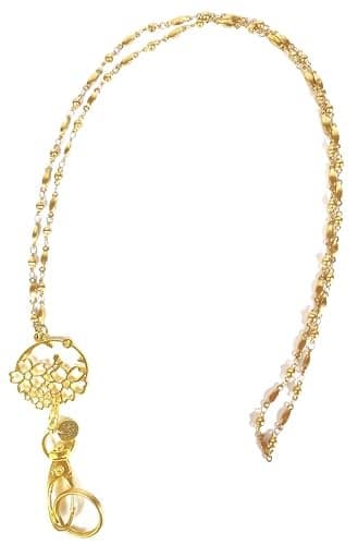 Hidden Hollow Beads Gold Pendant Women's Lanyard Strong Stainless Steel Chain, Trendy ID Badge Card Holder Teacher Cruise Keys Phone (Gold Flowers)