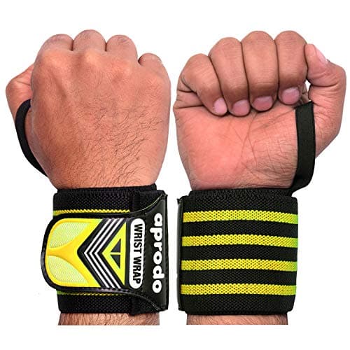 Aprodo Power Weight Lifting Bar Straps with Wrist Support Wraps, Gym Workout, Bodybuilding, Powerlifting, Strength Training for Men & Women (Yellow Black)