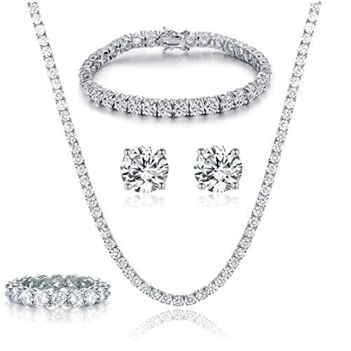 Gemsme 18K White Gold Plated Tennis Necklace/Bracelet/Earrings/Band Ring Sets Hypoallergenic Jewelry Pack of 4 (5)