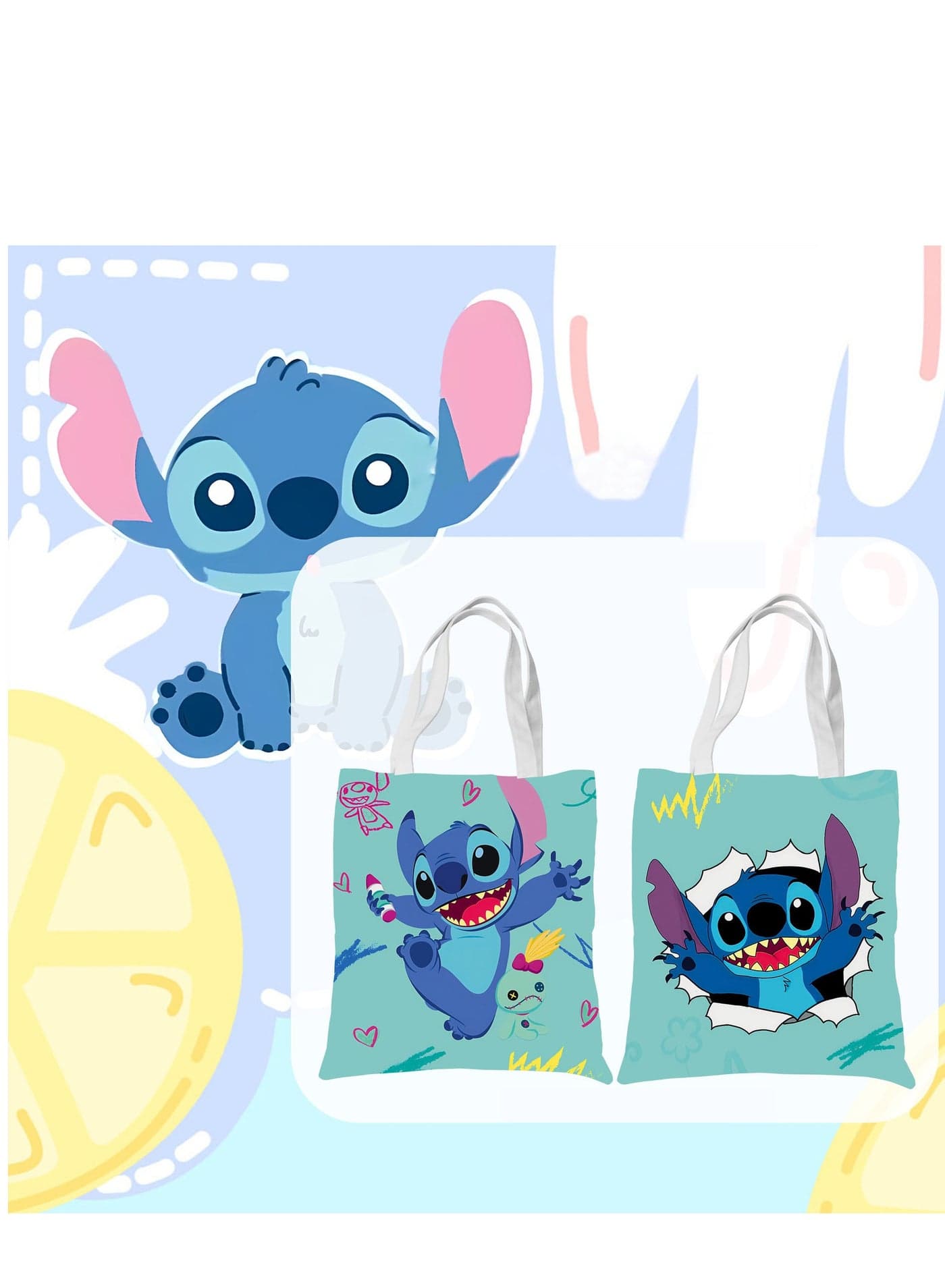 Cartoon Stitch double-sided printed pattern canvas bag, tote bag, shopping bag, shoulder bag, reusable eco-friendly bag