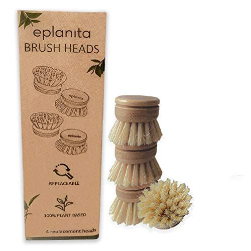 eplanita Replacement Brush Heads Pack of 4 for Bamboo Dish Brush Sisal Bristle Refills Agave Cactus Fibres Kitchen Eco Scrubber Plastic Free Washing Up Zero Waste Cleaning