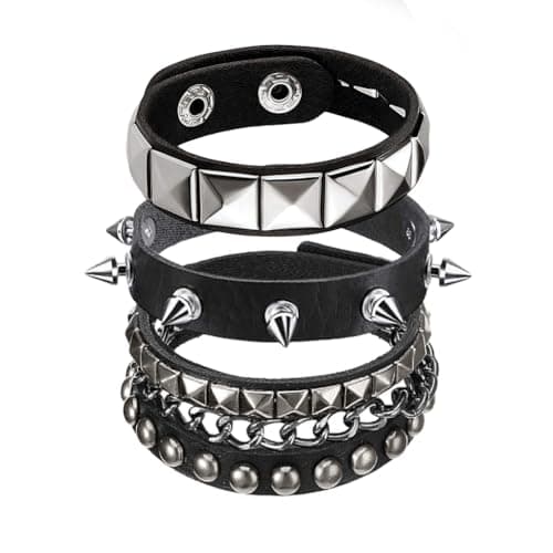 GUSTAVE® 3Pcs Bracelet for Man Punk Rock Studded Bracelets Black Spiked Leather Cuff Bracelet for Men Women Adjustable Goth Bracelets 80s Retro Style Wristband Halloween Party Accessories