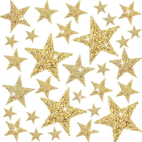 30 Pieces 4 Sizes Iron On Star Patches Adhesive Star Patches Star Shape Rhinestone Appliques Patch DIY Accessory for Clothing Jeans Bags Hats Repair Decoration Gold