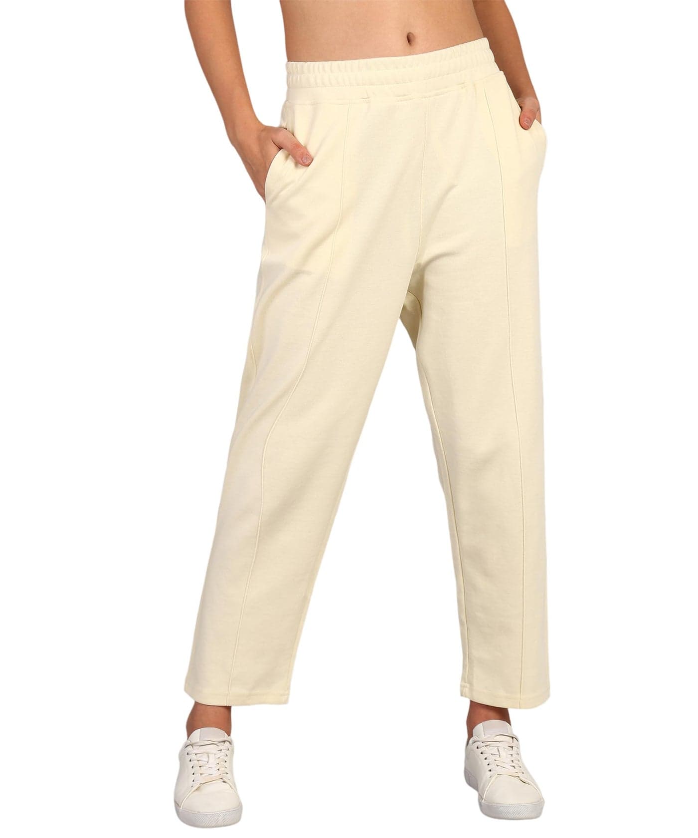 Alan Jones Clothing Women Mid Rise Trousers | Straight Fit With Pin Tucks | Side Pockets | Concealed Drawstring Waist | Stretch Fabric (Cream_M)