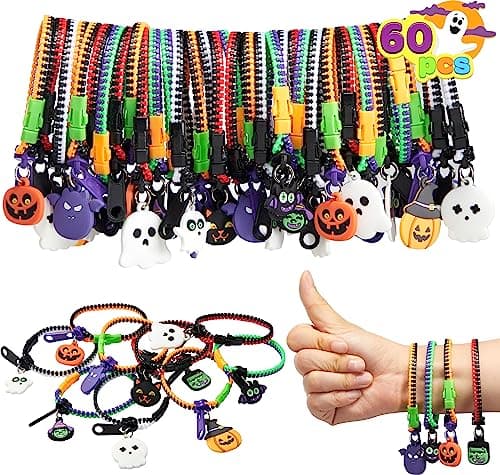 JOYIN 60 PCS Halloween Zipper Bracelets Bulk Set Friendship Zipper Wristbands for Kids Gift Halloween Trinkets Goodie Bag Fillers Classroom Prizes