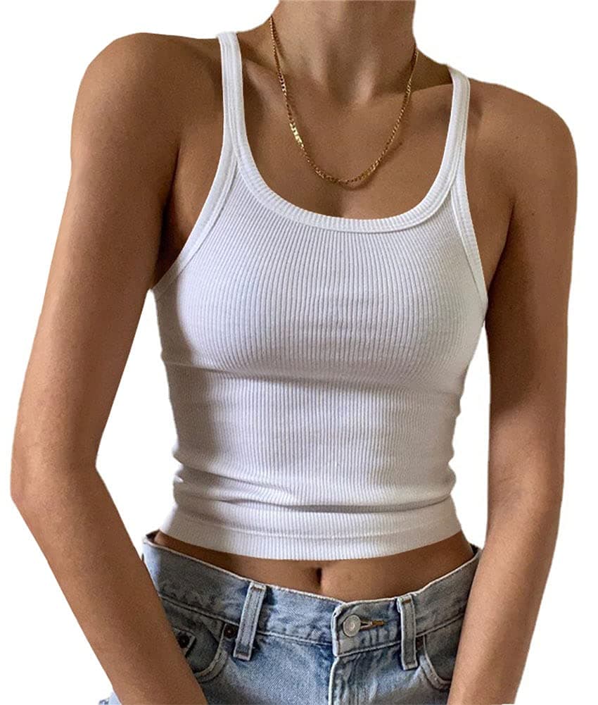 Artfish Women's Sleeveless Tank Top Form Fitting Scoop Neck Ribbed Knit Basic Cami Tight Fitted White XS