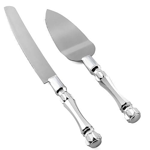 Cake Knife and Server Set Cake Cutter and Pie Spatula Cake Server and Knife Set with Acrylic Crystal Handles Cake Cutting Set for Wedding Cake 12mm Thick Blades Birthdays and Parties Silver