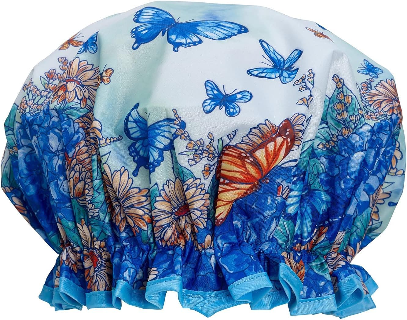 Shower Cap Reusable Bath Cap Dual layered Waterproof Blue Butterflies 27cm
