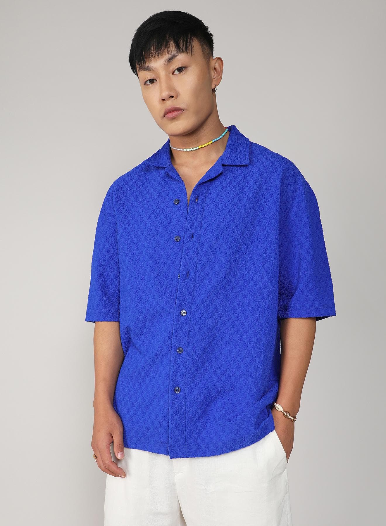 Men's Royal Blue Textured Geometric Oversized Shirt