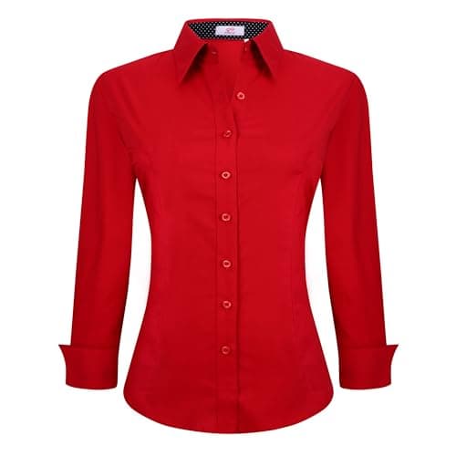 Esabel.C Womens Button Down Shirts Long Sleeve Regular Fit Stretch Work Blouse Red XL