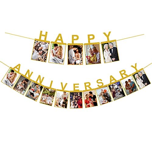 Festiko®Happy Anniversary Photo Banner Backdrop Decorations - Gold Wedding Anniversary Pictures Banner Party Supplies - Happy Wedding Anniversary Hanging Photo Décor Props Sign