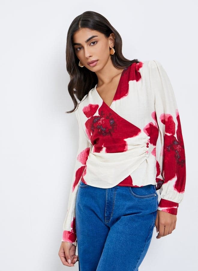 Styli Cream Floral Print Wrap Top