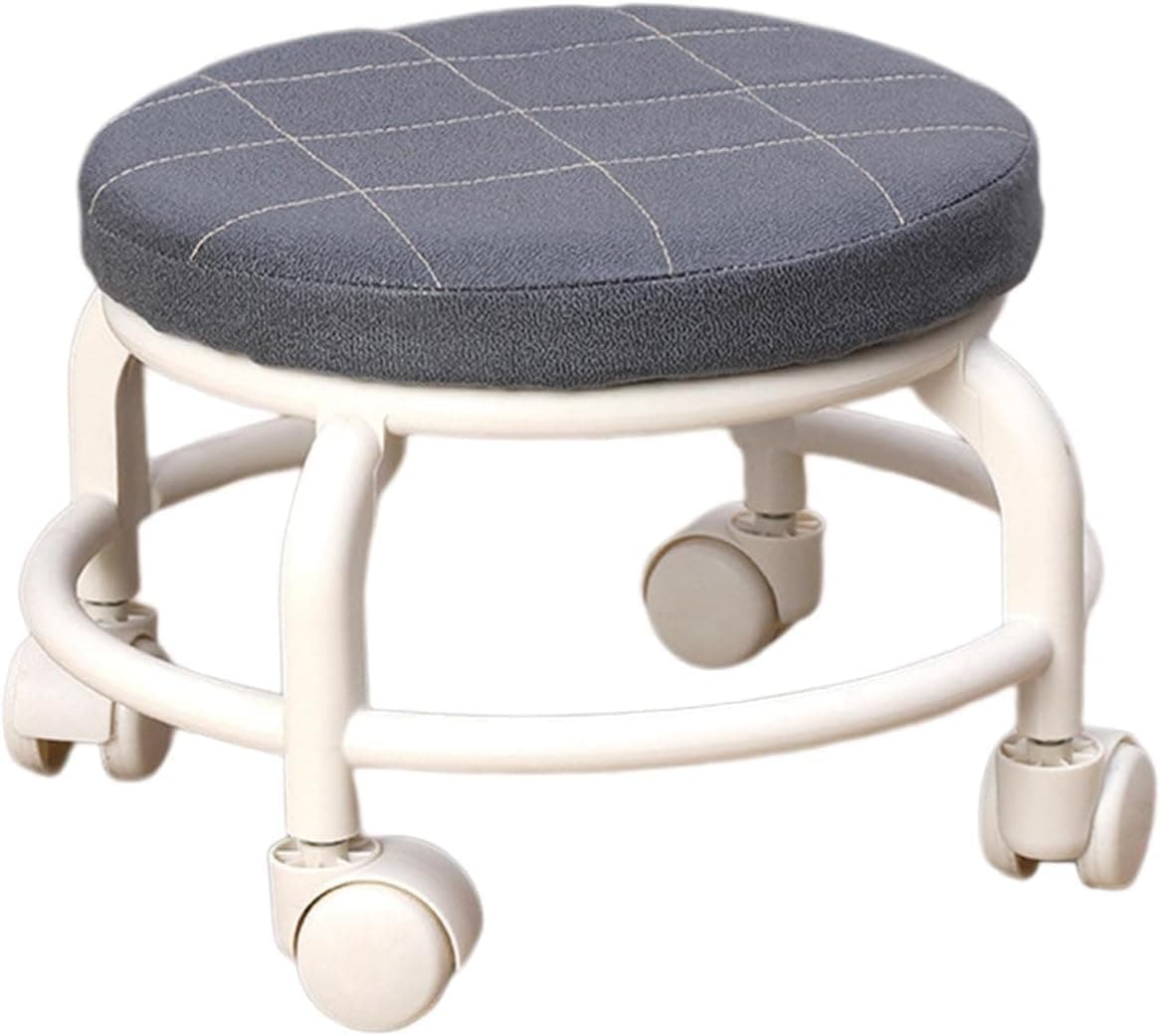 GION Round Footrest Stool with 4 Movable Wheels for Dressing Table Living Room Bedroom Portable Movable Mini Stool Roller Stool 1Pcs