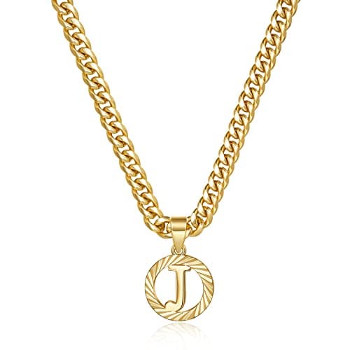 KissYan Gold Initial Necklace,14K Gold Plated Round Letter Pendant Hollow Capital Monogram 5mm Cuban Chain Necklace Alhpabets from A-Z Dainty Jewelry for Women Men(Gold J)