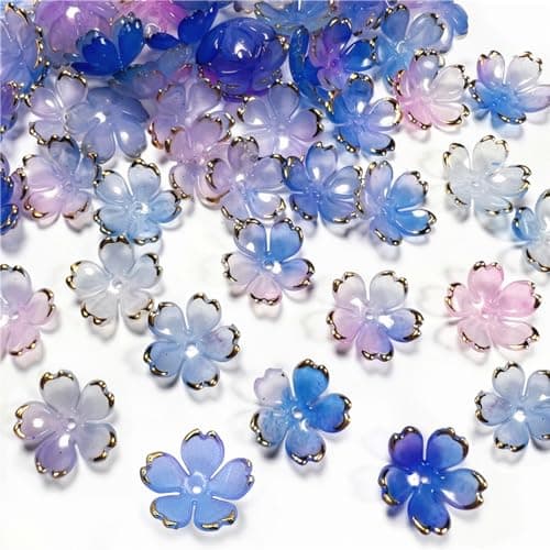 50Pcs Cherry Blossom Acrylic Flower Beads Mini Floral Spacer Beads for Jewelry Making 5Petal Gradient Flower Bead GoldPlated Flowers Bead Charms for Bracelets BlueViolet Gradient