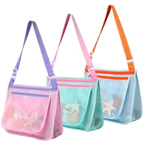 LIDAGO 3 Pcs Seashell Collecting Bag for KidsBeach Mesh Bag with Adjustable Shoulder StrapsBeach Toys Swimming Accessories for Boys and Girls
