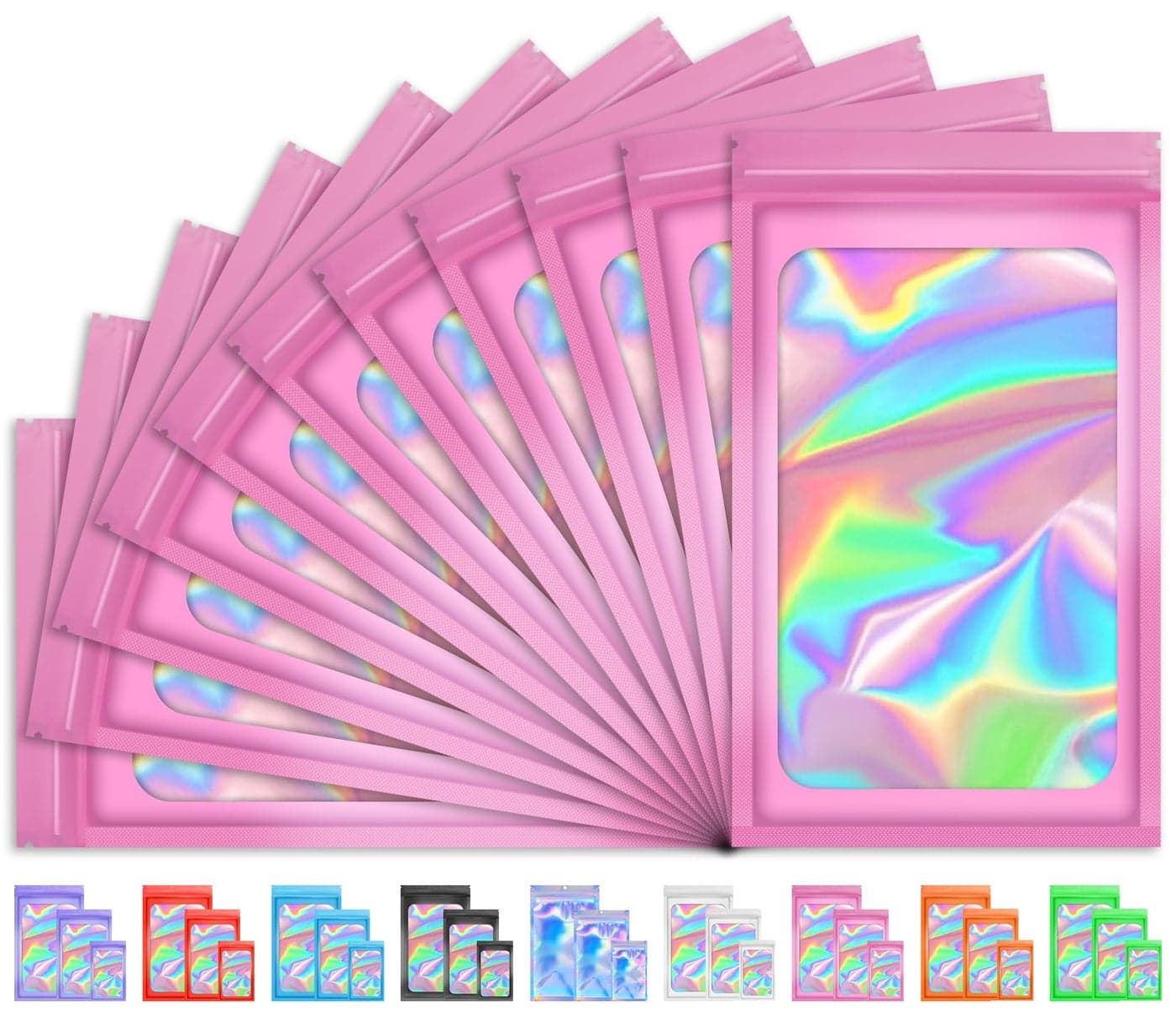TIFICAL 100 PCS Mylar Holographic Bags Smell Proof Bags Clear Resealable Bags Valentines Day Decorations Gift Baggies for Bracelet Lipgloss Eyelash Jewelry Packaging Pink 24x39 Inch
