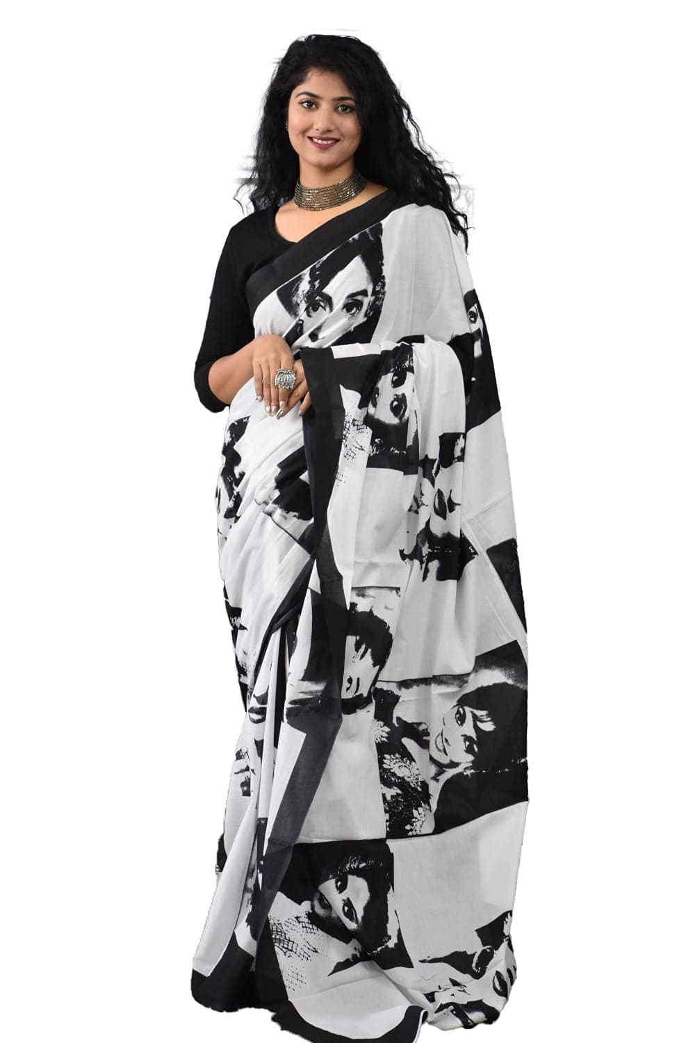 Kiaaron Women's Hand Block Kalamkari Batik Bagru Jaipuri Ikat Printed Handloom Pure Cotton Mulmul Traditional Ethnic Cotton Sarees With Printed Blouse Piece - Black_White