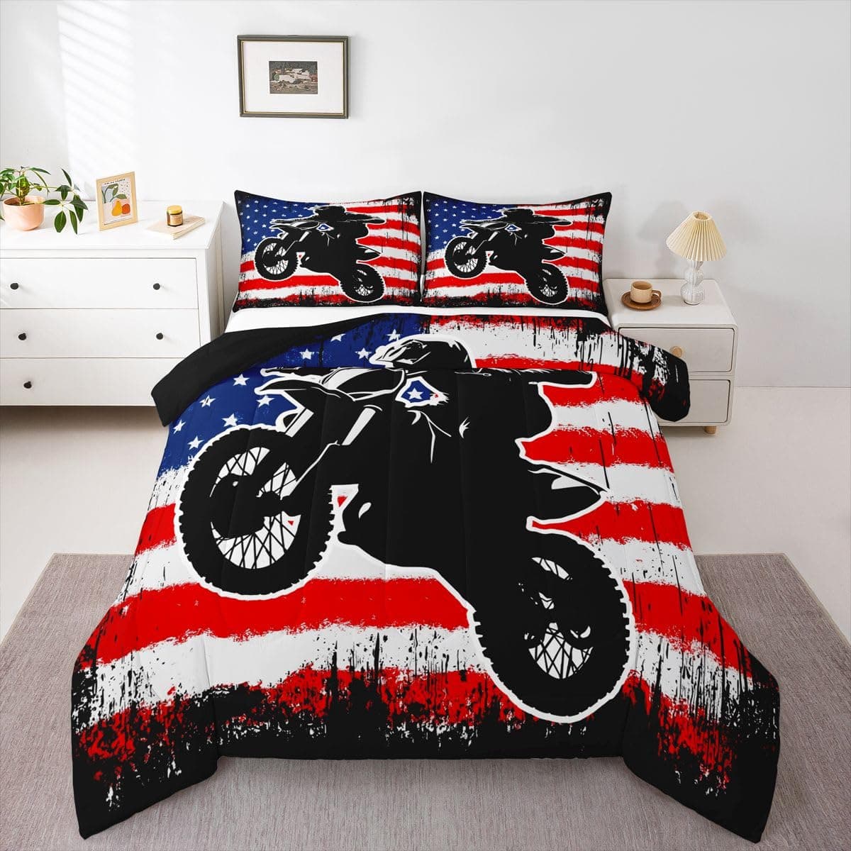 Dirt Bike Comforter Set Full Motocross Comforter Retro American Flag Bedding Set for Kids Boys Teens Men Grunge Room DecorExtreme Sports Tie Dye Bed Set Motor Biker Motorcycle Quilt Duvet Set 3 Pcs