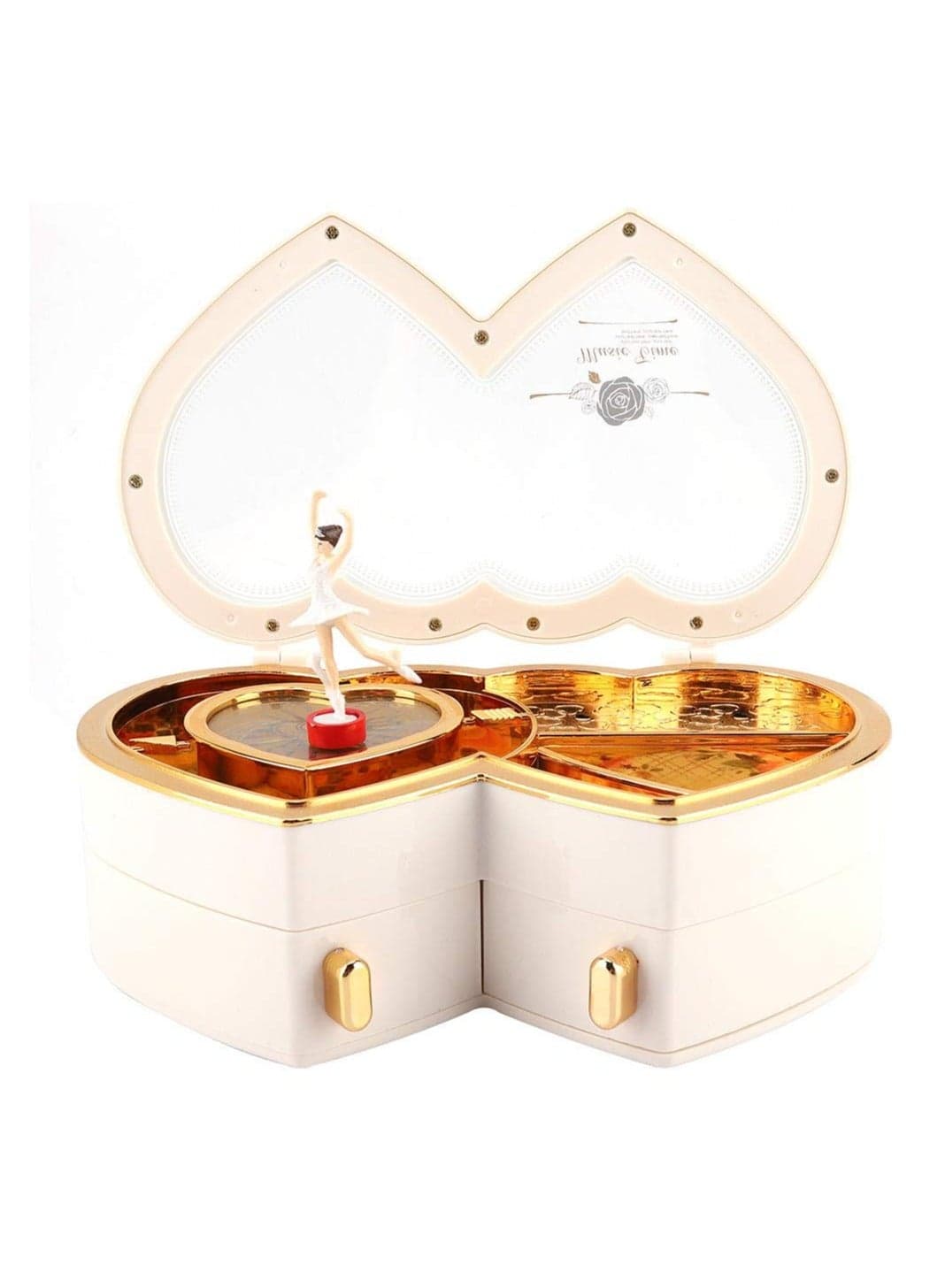 Rotating Ballerina Music Box Double Heart Design Creative Gift for Girls Women Jewelry Storage Birthday Decoration White