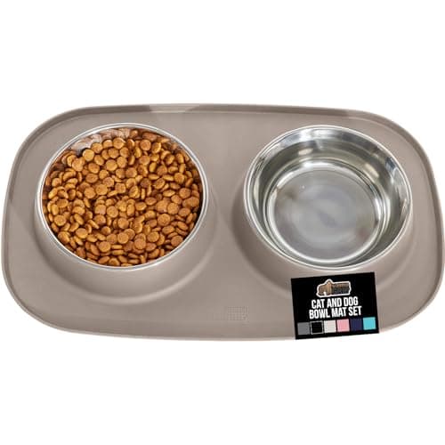 GORILLA GRIP Feeding Mat Bowl Set 100 Waterproof BPA Free Silicone Base 304 Stainless Steel Cat and Dog Bowls for Food and Water Slip Resistant High Edge US Designed Patent Pending 2 Cup Beige
