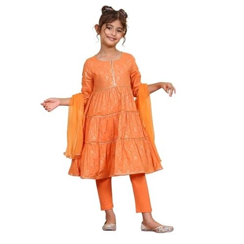 Biba Girls Orange Cotton Tiered Printed Kurta Churidar Set_2-3Y