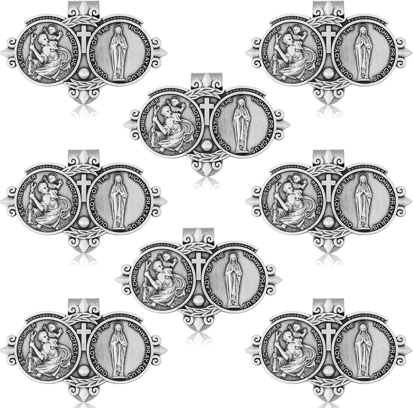 Frienda St Christopher Medal Car Visor Clips - Set of 8 Silver Catholic Visor Clips