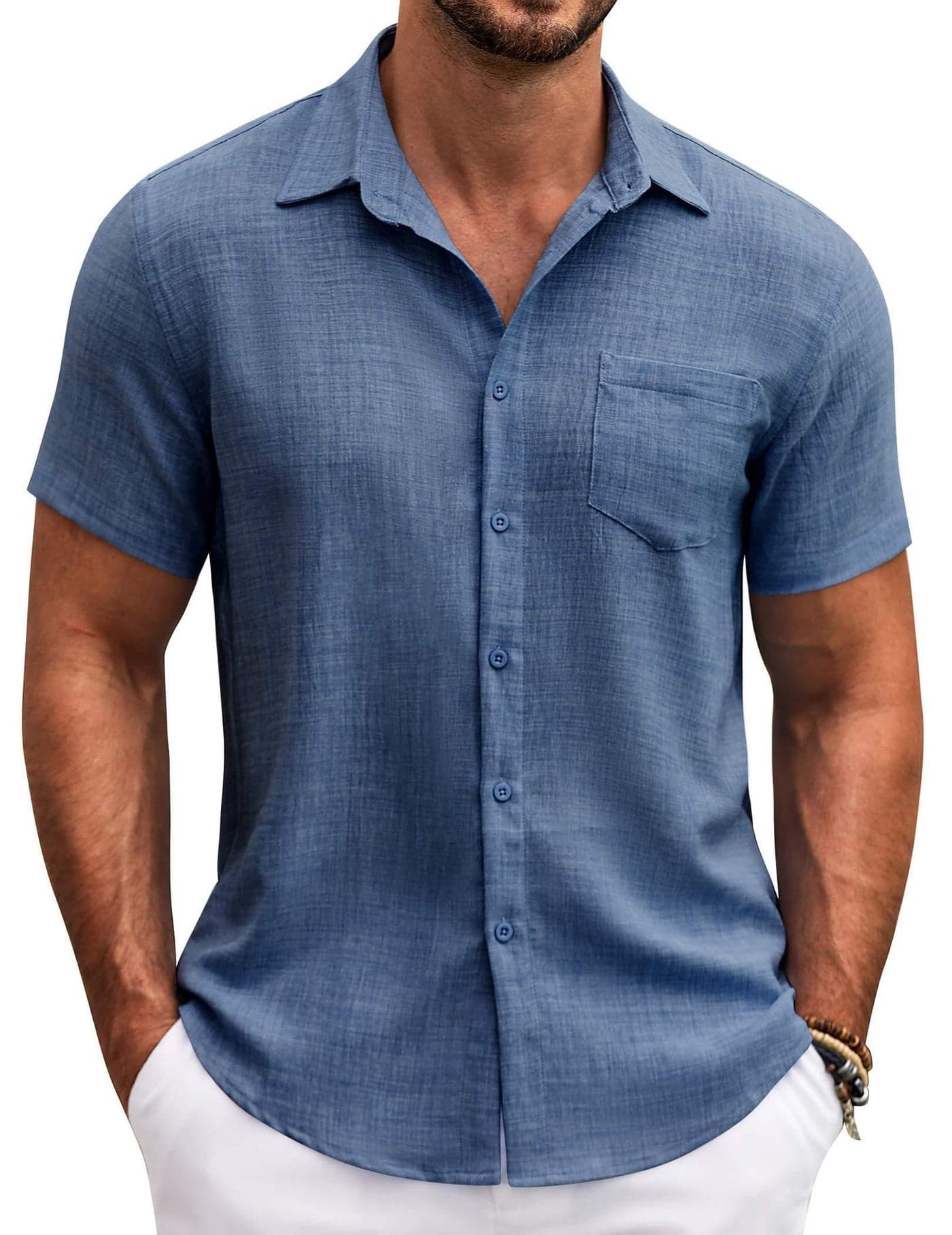 COOFANDY Mens Button Down Short Sleeve Shirt Casual Shirts Summer Beach Textured Shirts with Pocket Denim Blue