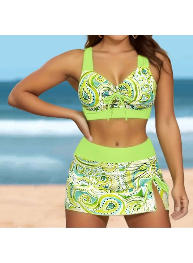 2024 European And American Plus Size Split Conservative Women's Swimsuit Plus Size Bikini Swimsuit Three-piece Suit-Color:Light Green-