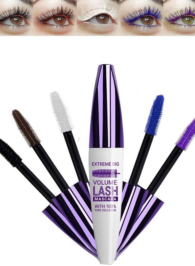 5D Waterproof Colored Mascara Volume and Length,5 Color Black Brown White Blue Purple Fiber Mascara for eyelashes, Longlasting Curling rimel de pestañas,Women's Day Eye Makeup Gift Set for Women Girl