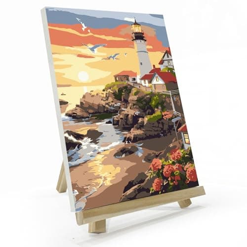 JOOZ Lighthouse Paint by Number for Adults Paint by Numbers Kit for Adults with Frame DIY Seaside Paint by Numbers Kits for Adults on Canvas Sunset Oil Painting Kit for Home Wall Decor 8 x 12 in