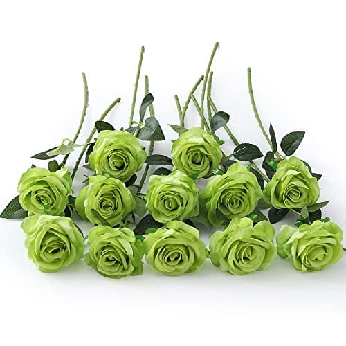 Laelfe 12 PCS Artificial Flowers Roses Silk Flowers Fake Long Stem Artificial Roses for Home Wendding Kitchen Decorations(Green)