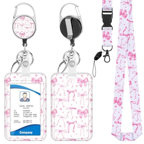 Bow Lanyards for ID Badges Holder Valentines Day Badge Reel Retractable with Clip Funny Badge Holder with Pink Lanyard for Workers Students Teachers Nurse