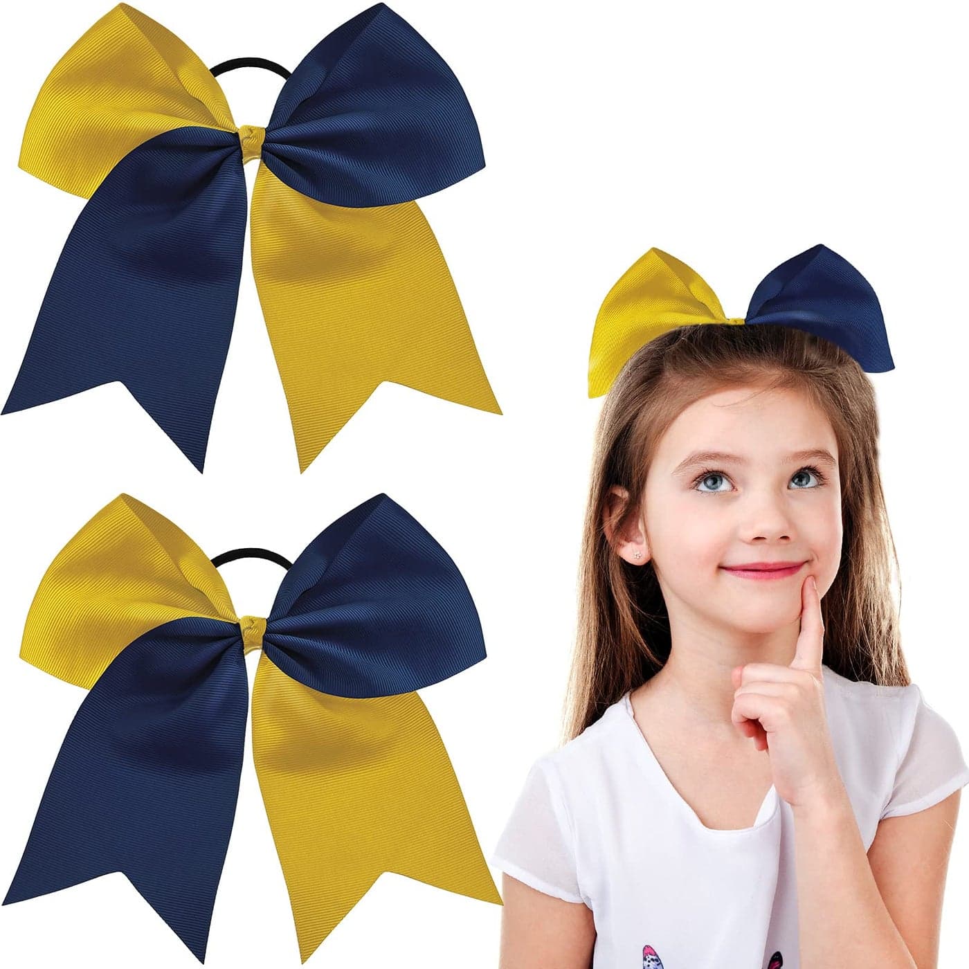 2 Packs Jumbo Cheerleading Bow 8 Inch Large Cheer Hair Bows with Ponytail Holder for Teen Girls Softball Outfit UniformYellow and Blue