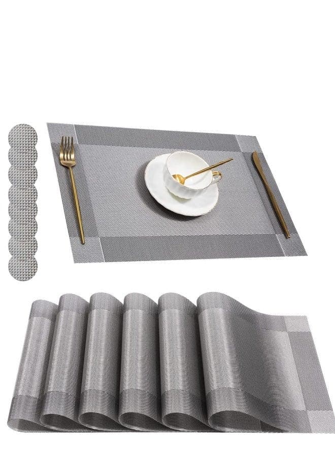 Table Mats Set, Placemats Set Washable Non-slip Heat Resistant PVC with Singel Border Decoration Rectangle 45x30cm and Sets of 8 Coasters for Dining Room Place