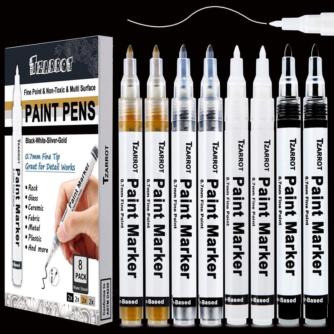 TZARROT White Paint Pen 8 Pack 07mm Acrylic Paint Pens with 2 White 2 Black 2 Gold 2 Silver Permanent Marker for Wood Rock Fabric Metal Plastic Ceramic Acrylic Markers Extra Fine Tip