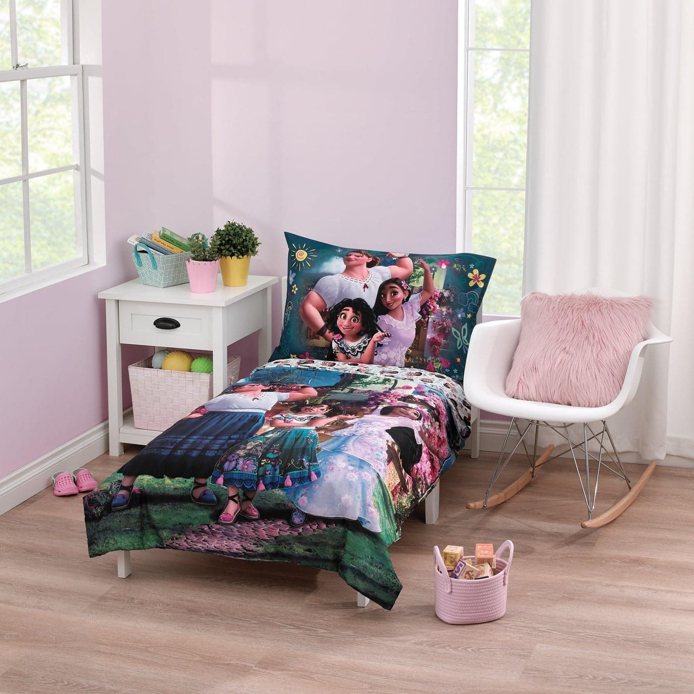 NoJo Disney Encanto Power Trio Purple and Teal 4 Piece Toddler Bed Set Comforter Fitted Bottom Sheet Flat Top Sheet and Reversible Pillowcase