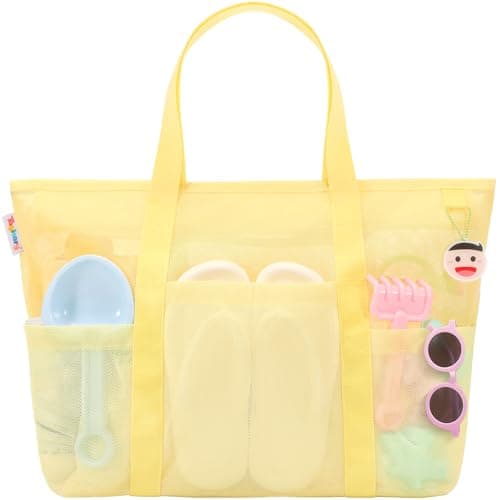 Tagitary Mesh Beach Bag with Zipper and 8 Pockets, Yellow Large Beach Tote Waterproof Sandproof for Camping Sports Pool Swim Bag Foldable Beach Accessories Toys Storage Travel Bag