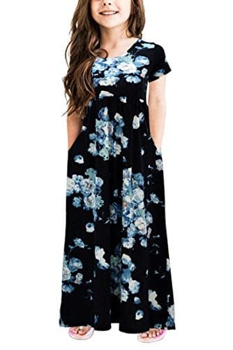 GORLYA Girl's Short Sleeve Floral Print Loose Casual Long Maxi Dress with Pockets 4-12 Years (11-12Years/Height:150cm, Blue Print)