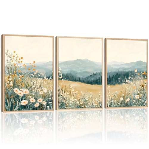 3 Pcs Framed Mountain Wildflower Wall Art Triptych Natural Landscape Canvas Prints Large Farmhouse Daisy Poster Botanical Picture Painting for Living Room Bedroom Decor 12x16IN