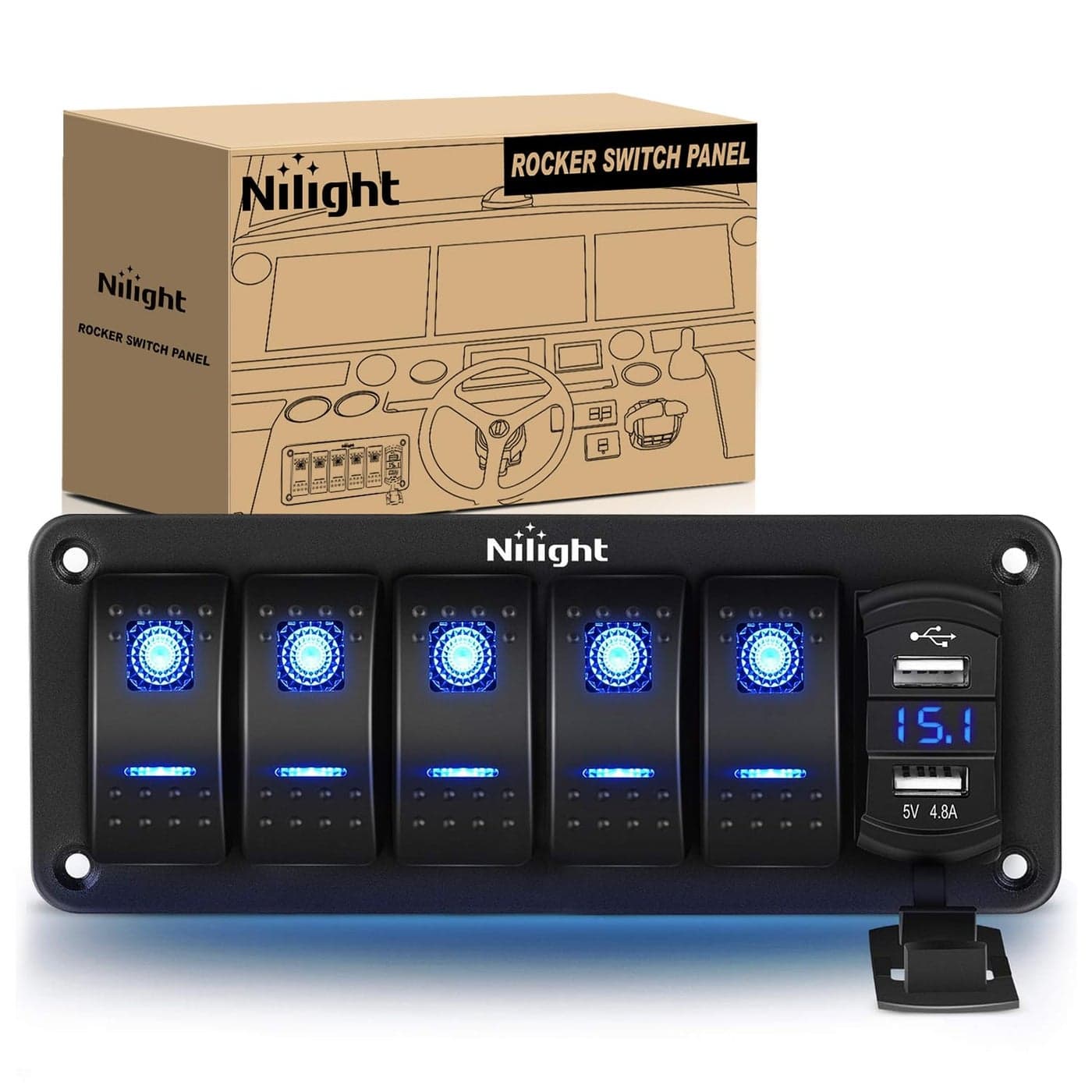 Nilight 5 Gang Rocker Switch Panel with 48 Amp Dual USB Charger Voltmeter Waterproof 12V 24V DC Rocker Switch with Night Glow Stickers for Car Trucks Boats RVs